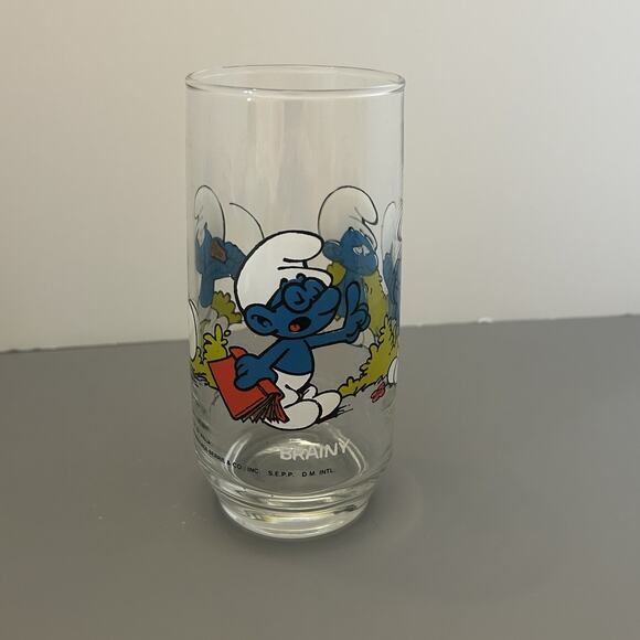 Smurf Brainy and Smurfette Collector Glass/Tumbler 1983 Peyo Vintage 6” Lot of 2 - Picture 2 of 12